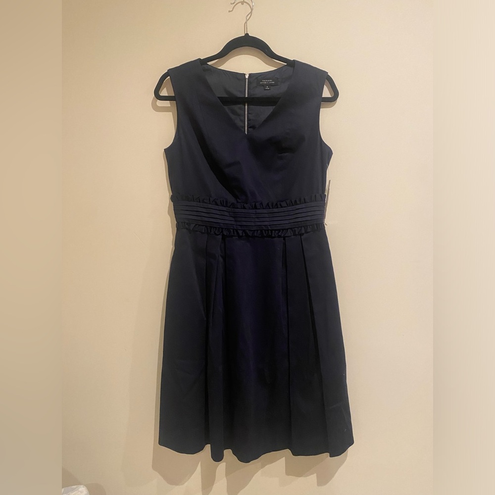 Navy Blue Tahari ASL Womens Cotton V Neck Dress w/Ruche Waist